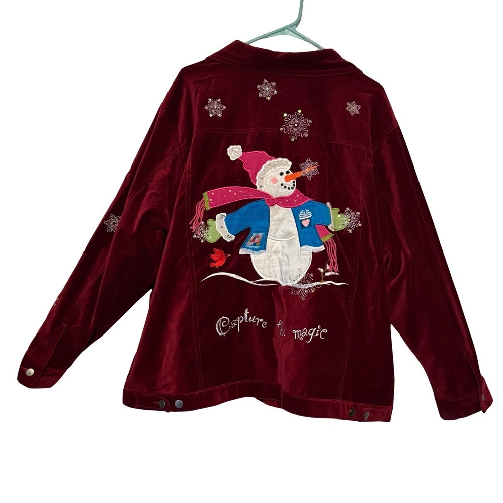 Vtg Quacker Factory Red Velvet‎ Snowman Festive Jacket 3XL Capture The Magic